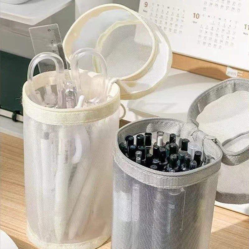 Clear Mesh Pencil Case Portable Standing Pen Holder Organizer