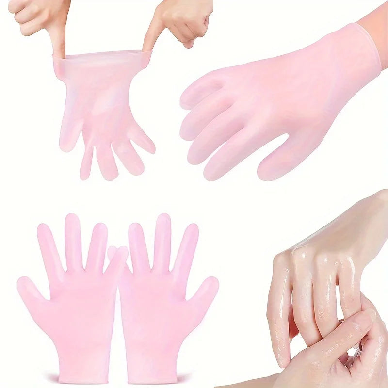 Pink silicone moisturizing gloves front and back view for dry hand treatment