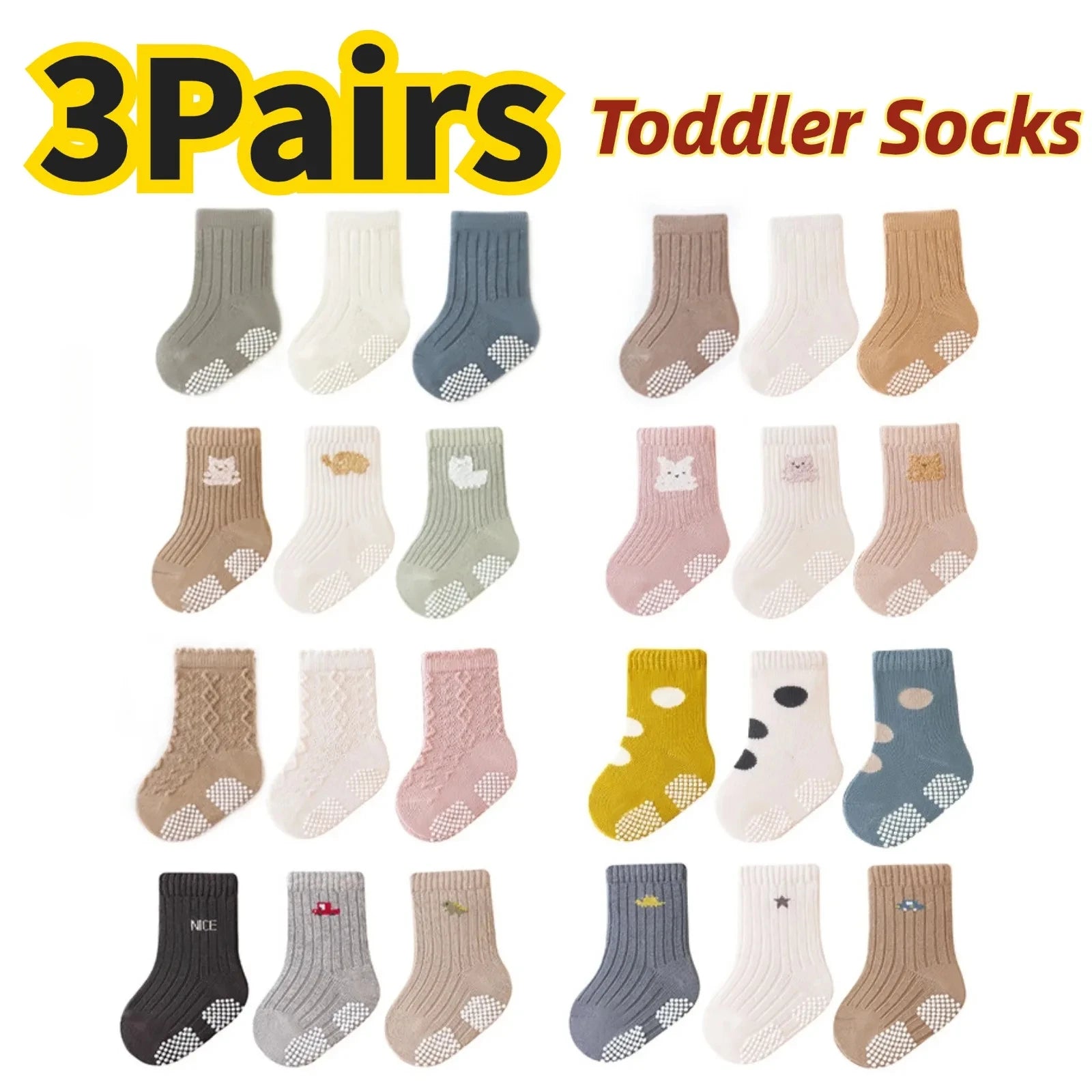 3/5 Pairs Baby Non-Slip Animal Socks for Boys & Girls