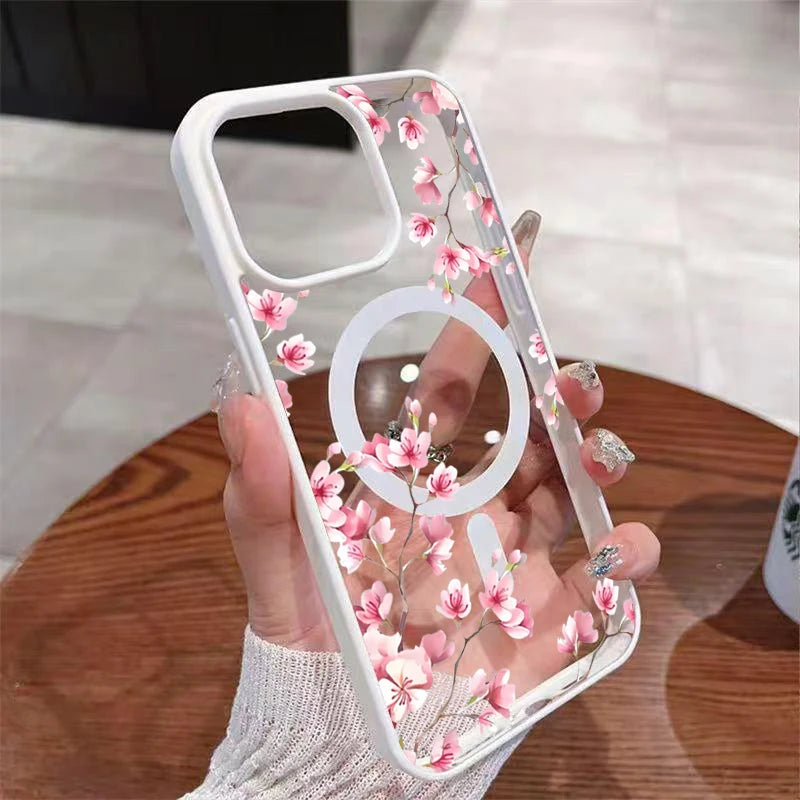 Pink Cherry Floral Magnetic Phone Case for iPhone 17 16 15 14 Pro Max