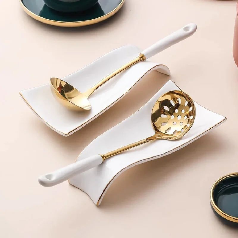 Luxury Ceramic Spoon Rest Gold Utensil Holder