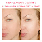 Before and after comparison of a woman's face with text about skin appearance.