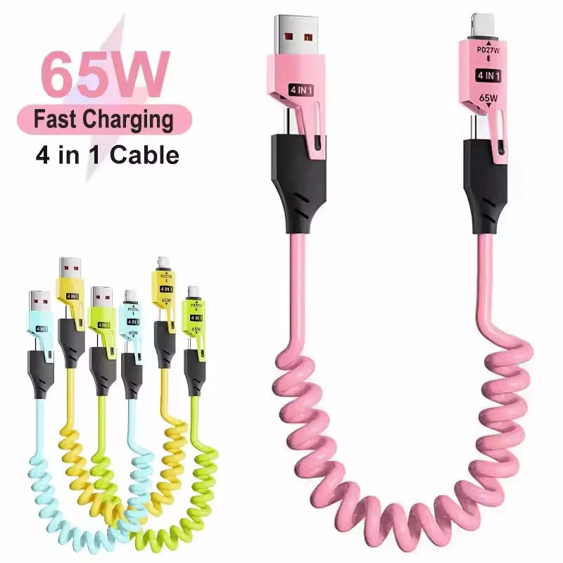 4 in 1 65W Spring Short Data Cable Quick Charger Wire Spring USB Cable for iPhone 16 15 14 13