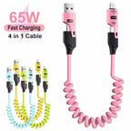 4 in 1 65W Spring Short Data Cable Quick Charger Wire Spring USB Cable for iPhone 16 15 14 13