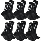 A full set of 6 pairs black football grip socks with non slip bottom pads for athletic sports
