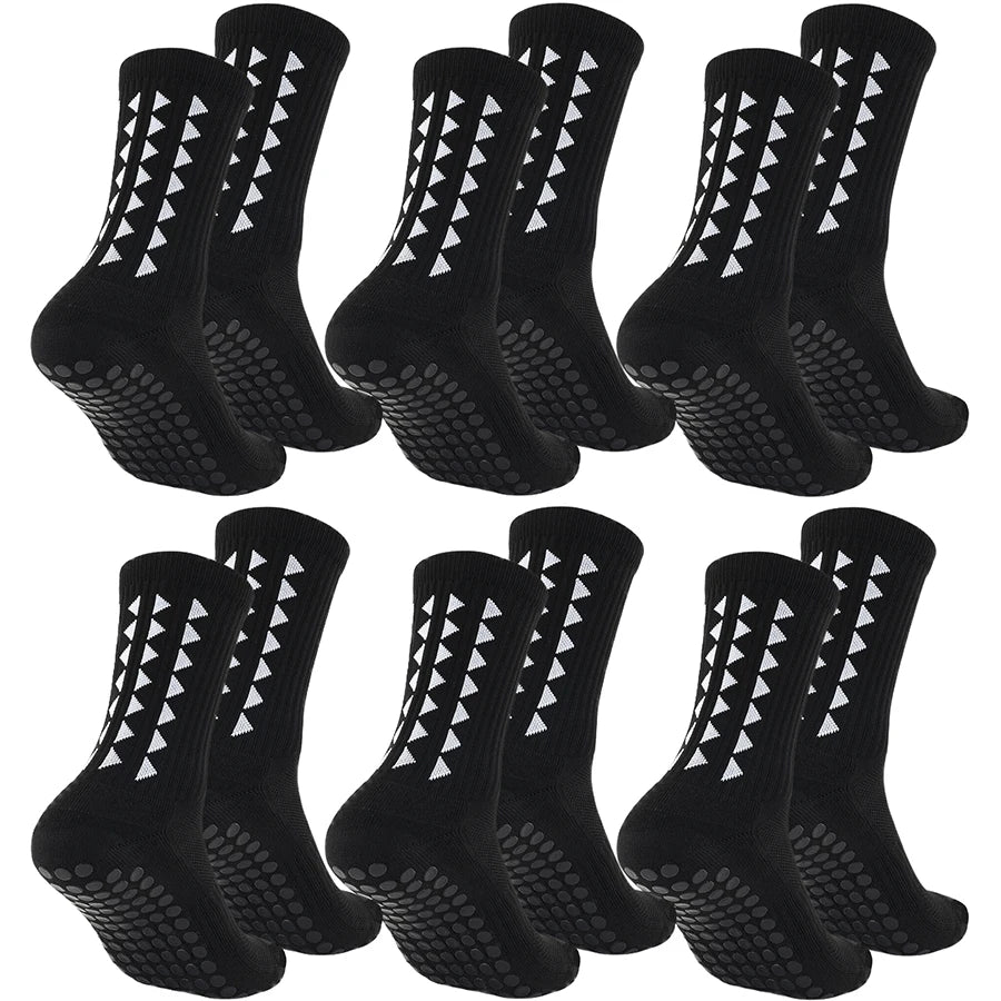 A full set of 6 pairs black football grip socks with non slip bottom pads for athletic sports