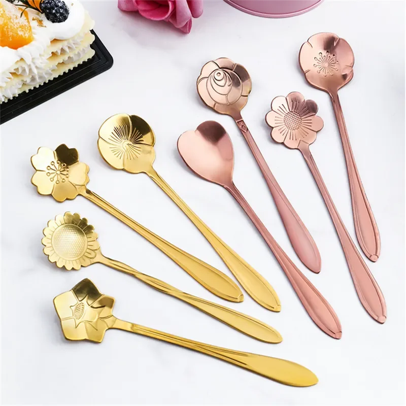 8PCS Gold Cherry Rose Stainless Steel Coffee Spoon Set