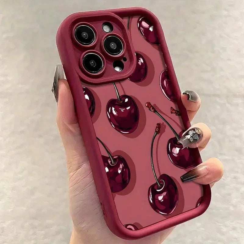 Cherry Print Silicone Case for iPhone 11 12 13 14 15 16 17 Air
