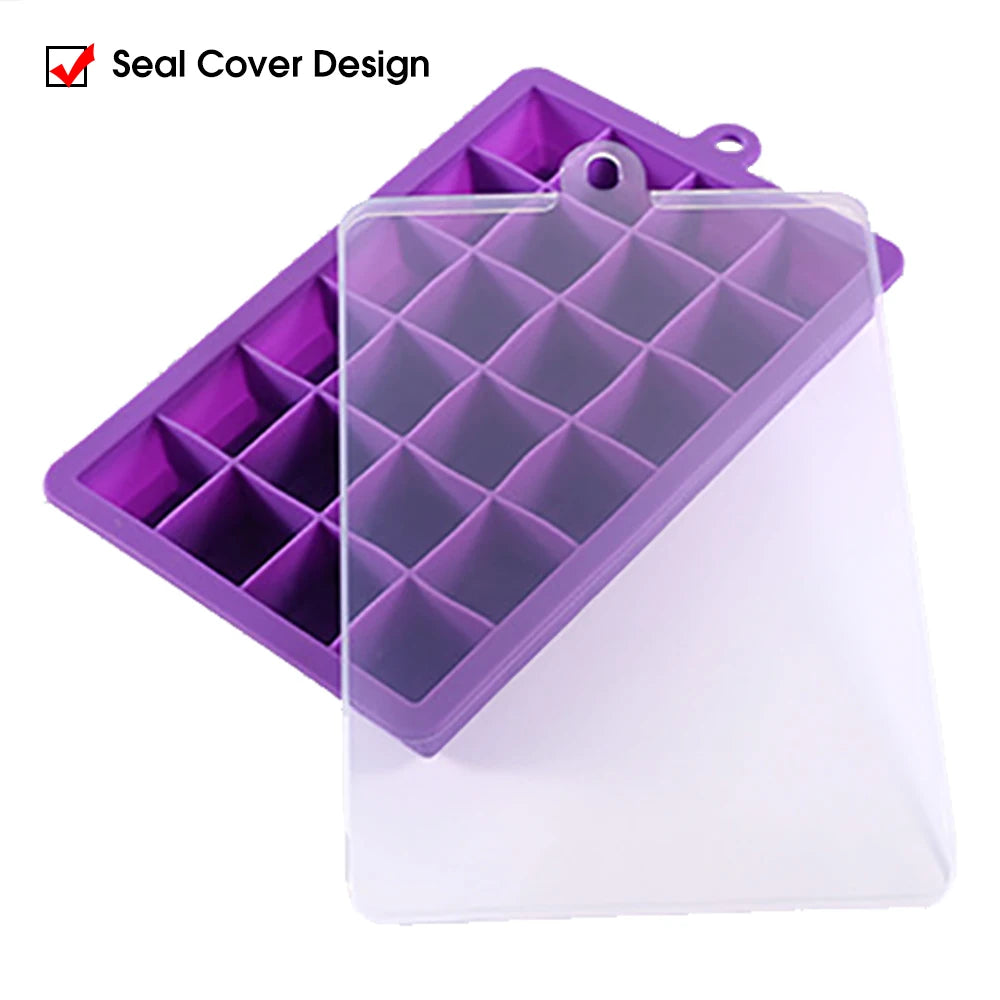 24-Hole Silicone Ice Cube Tray with Lid Square Ice Mold for Drinks & Cocktails