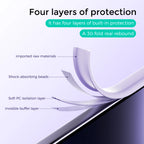 Promotional graphic showing a curved white protective edge with callout labels for imported raw materials, shock-absorbing beads, soft PC isolation layer, and invisible buffer layer, under the headline 'Four layers of protection.'.