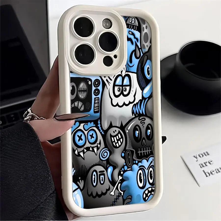 Black Graffiti Silicone Case for iPhone 11 12 13 14 15 16 Pro Max