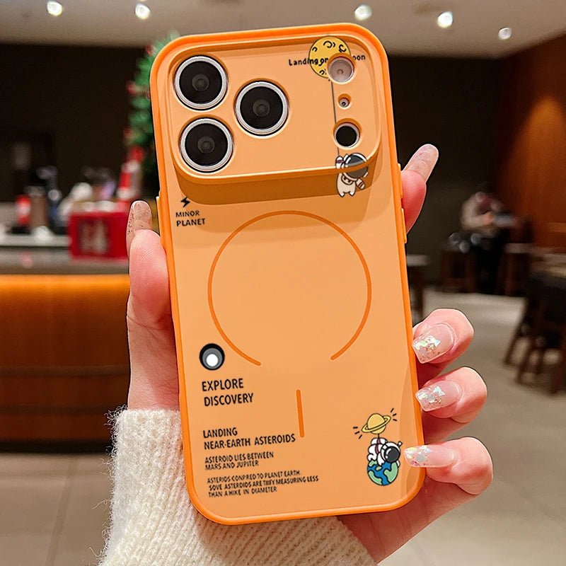 Orange phone case with space-themed design held by a person indoors.