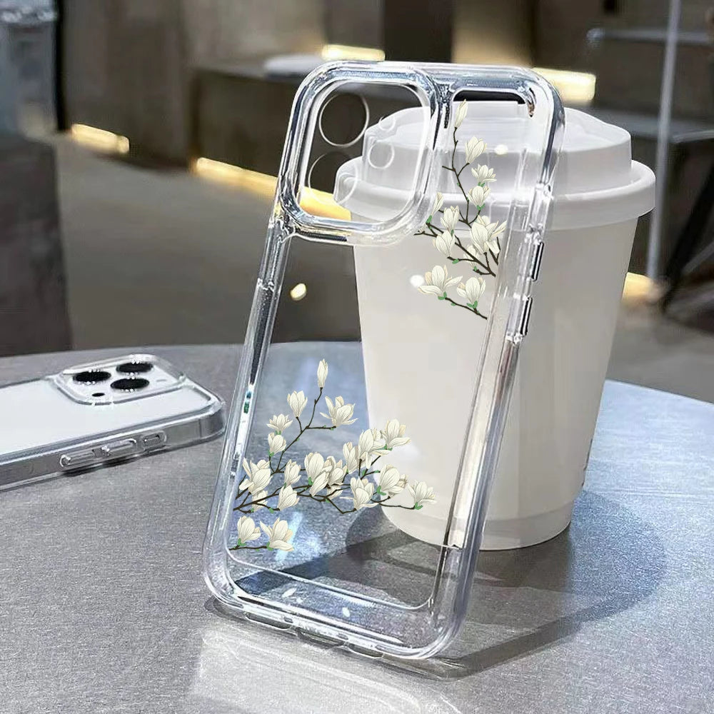 Transparent Floral Case for iPhone 11 12 13 14 15 16 Pro Max