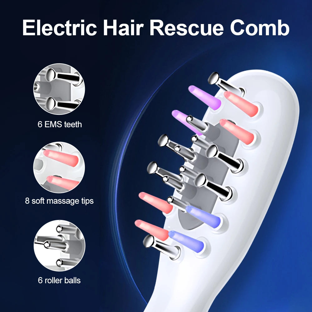 Electric hair comb with massage tips and roller balls on a dark blue background