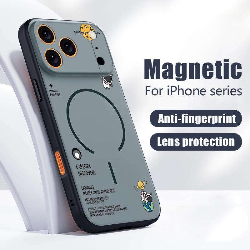 A gray magnetic phone case for iPhone, featuring cartoon illustrations of a yellow duck and a blue-and-white turtle, with text including 'Magnetic For iPhone series', 'Anti-fingerprint', and 'Lens protection'.