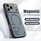 A gray magnetic phone case for iPhone, featuring cartoon illustrations of a yellow duck and a blue-and-white turtle, with text including 'Magnetic For iPhone series', 'Anti-fingerprint', and 'Lens protection'.