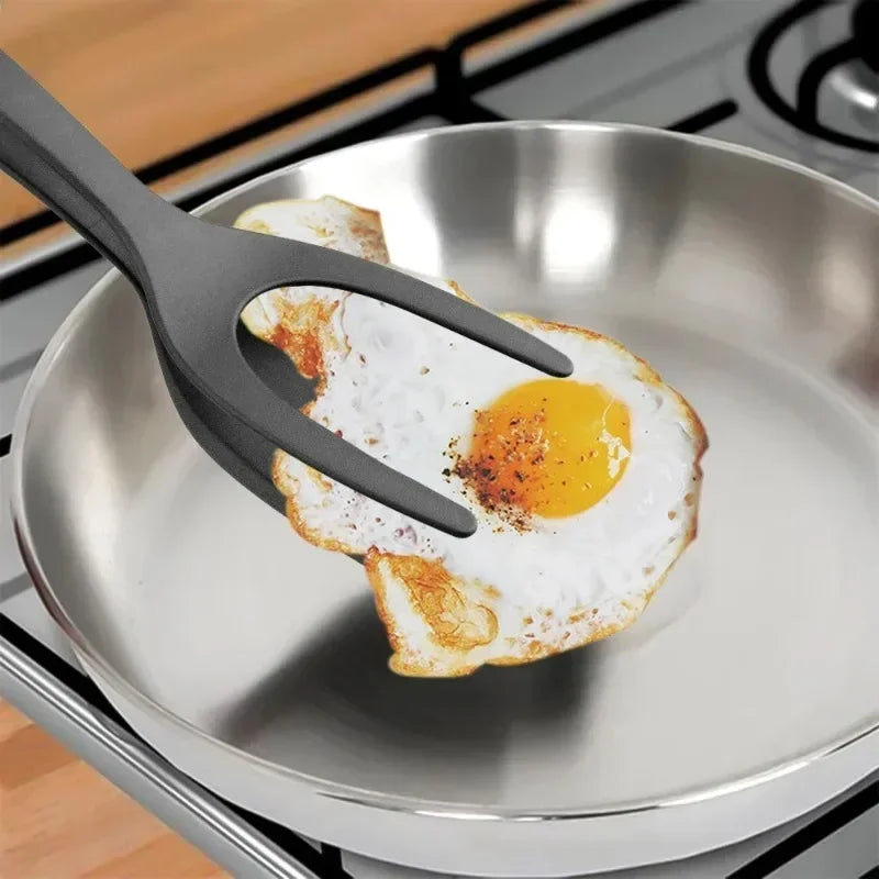 2 in 1 Nylon Grip Flip Tongs – Egg Spatula & Steak Turner Kitchen Tool