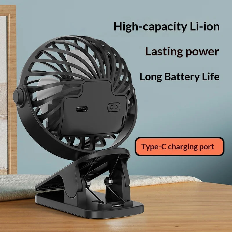 Portable Rechargeable Clip Fan with Night Light 360° 3-Speed USB