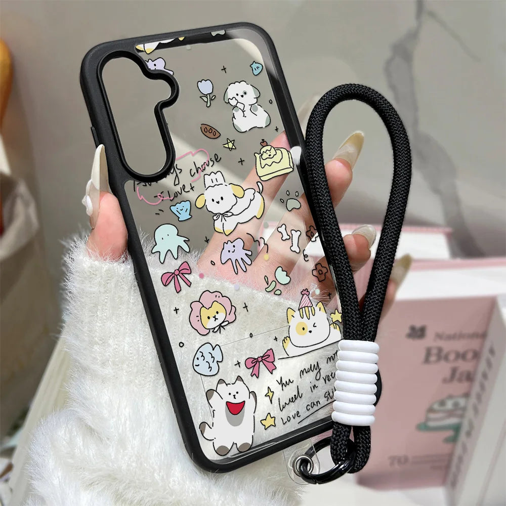 Cute Cat Wrist Strap Case For Samsung A26 A36 A56 S24 S25 S26 Ultra