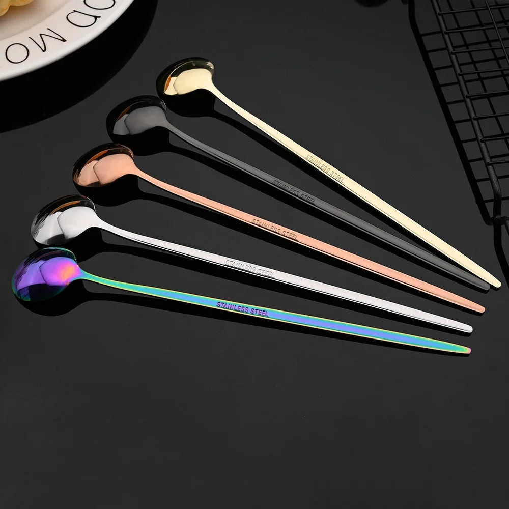 6Pcs Gold Ice Spoon Set – Long Handle Stainless Steel Coffee & Tea Stir Spoons