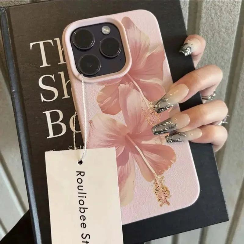 Pink Hibiscus Aesthetic Case for iPhone 11 12 13 14 15 16 Pro Max