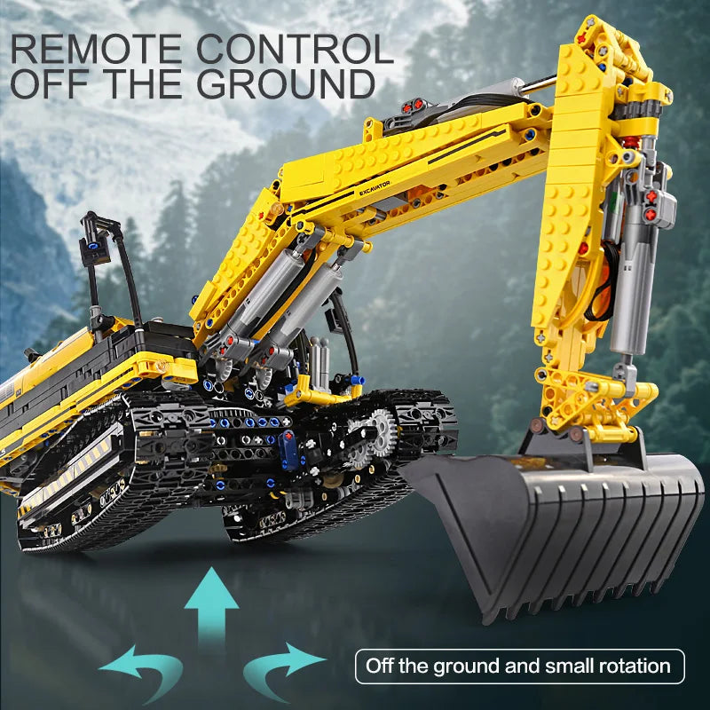 Yellow and black remote control excavator toy with mountainous background