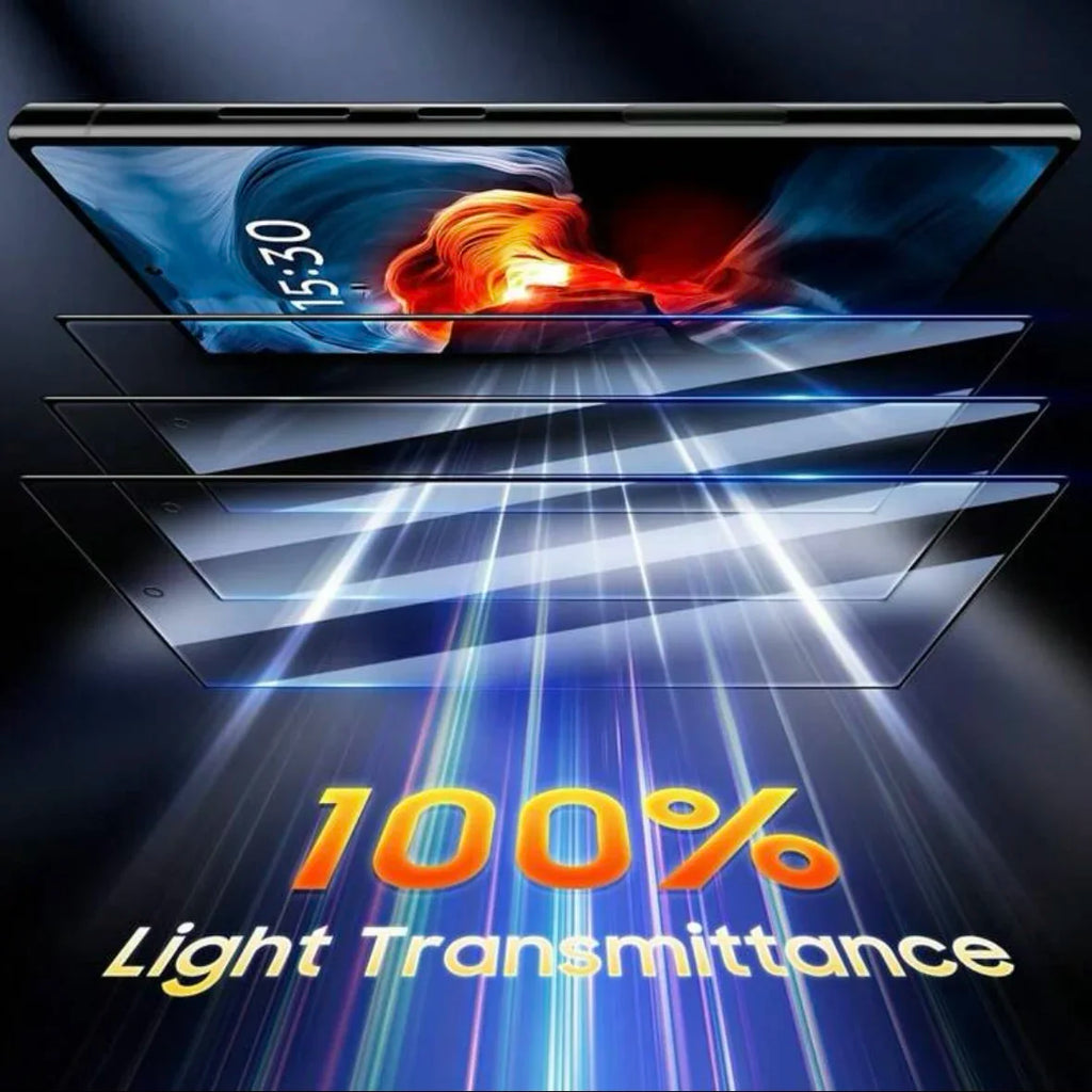 Smartphone screen protector with 100% light transmittance text on a dark background