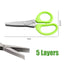 Green-handled scissors with measurements and layer information on a white background