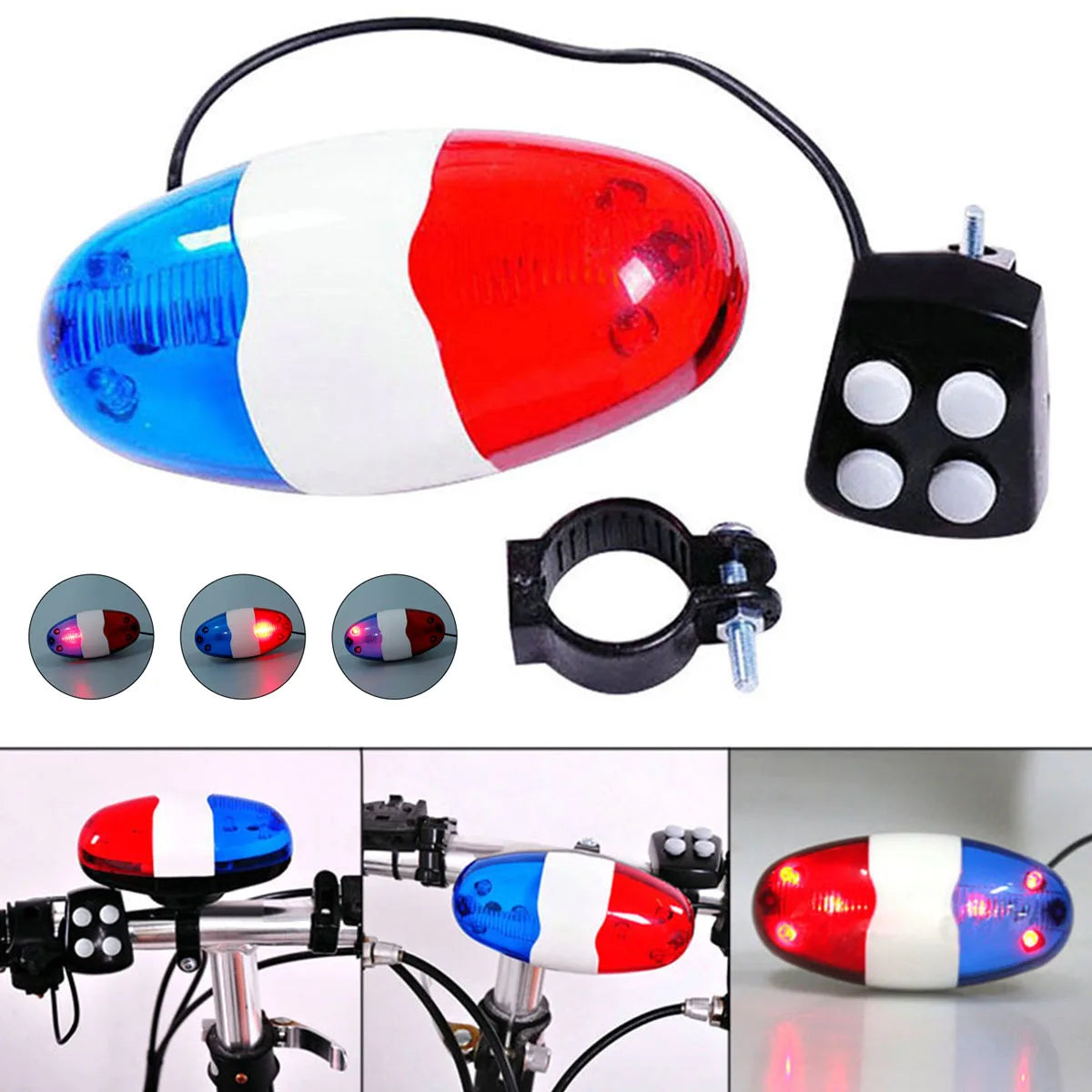 Bicycle Police Siren Horn 4 Sound Bike Bell with LED Strobe Light Main image