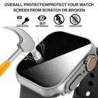A smartwatch with a clear screen protector shown with a hammer striking the screen to demonstrate protection. Text at the top reads 'OVERALL PROTECTION PROTECT YOUR WATCH SCREEN FROM SCRATCH OR BROKEN' with feature icons for scratch resistance, high transparency, zero bubbles, and oleophobic coating.