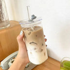 Square Glass Coffee Cup with Straw Heat Resistant Mug with Lid