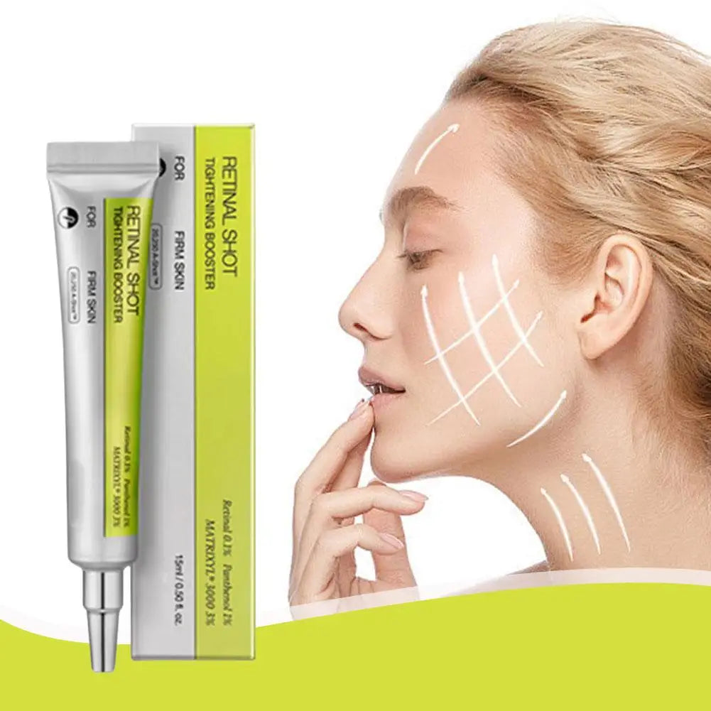 Skincare product with packaging and a woman's face with lines indicating areas to be treated.