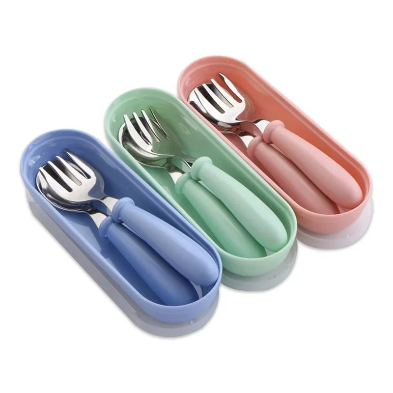 3PCS Kids Stainless Steel Spoon Fork Set with Travel Case