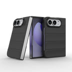 Three views of a black protective phone case with a metallic silver accent strip, shown on a smartphone against a clean white background.