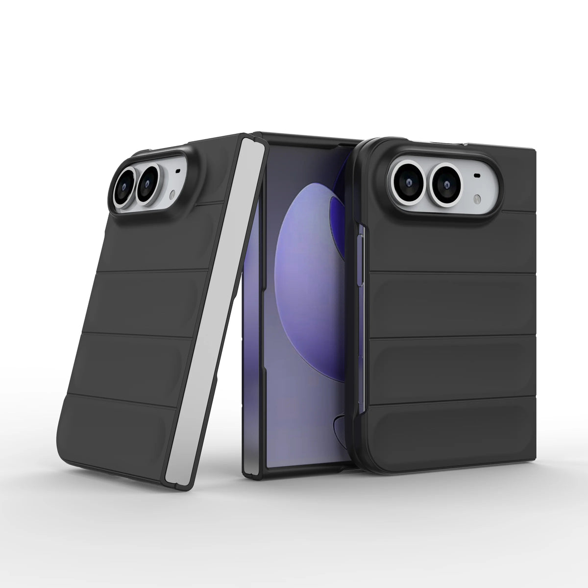 Three views of a black protective phone case with a metallic silver accent strip, shown on a smartphone against a clean white background. Main image