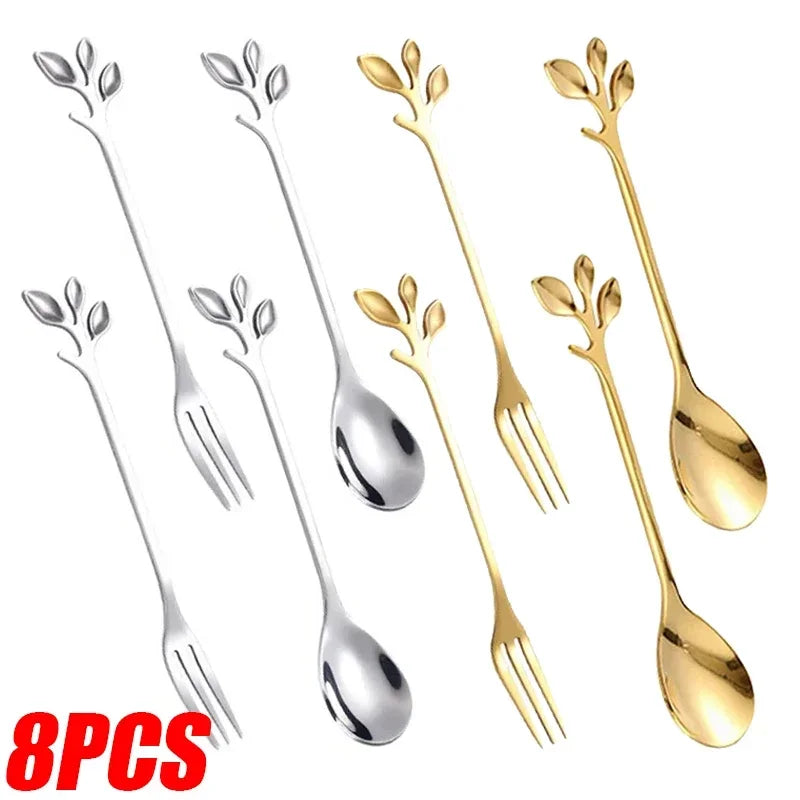 Leaf Coffee Spoon Set Stainless Steel – Gold & Silver Dessert Stirring Spoons