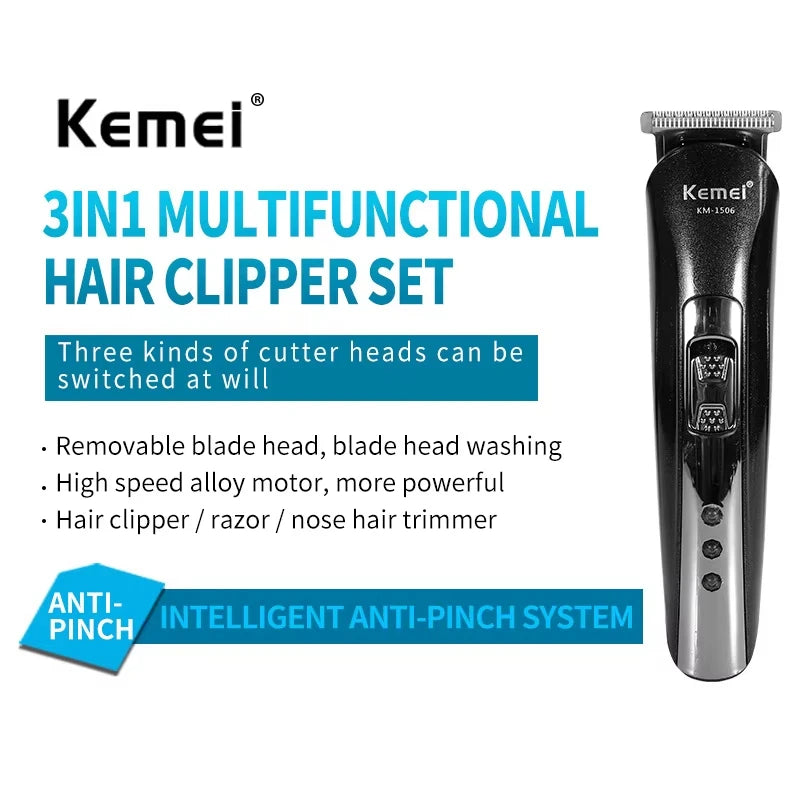Kemei KM1506 Hair Clipper 3in1 Trimmer USB Recharge Beard Nose Shaver