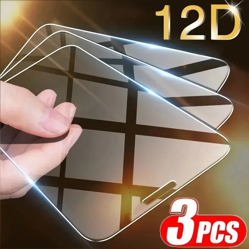 Three clear tempered glass screen protectors being held by a hand, with '12D' and '3PCS' text overlays on a glowing dark background. Main image