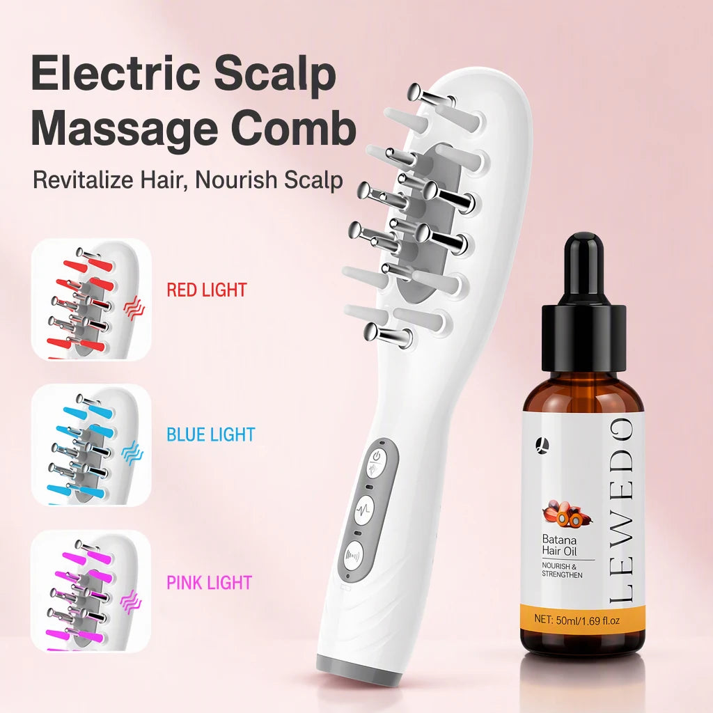 White electric scalp massage comb shown with a bottle of LEWEDO balance hair oil on a soft pink background, plus three inset light options labeled red light, blue light, and pink light.