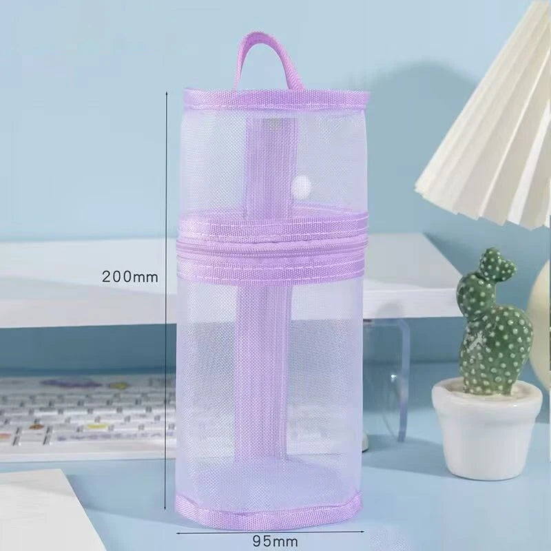 Clear Mesh Pencil Case Portable Standing Pen Holder Organizer