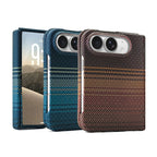 Three smartphone cases shown on a white background, with two cases standing upright and one case leaning in front. The front case is teal-blue with a dotted geometric pattern, and the two rear cases have a woven carbon-fiber-like texture in blue-teal and brown with dotted stripe accents.