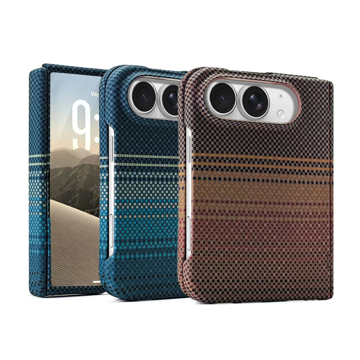 Three smartphone cases shown on a white background, with two cases standing upright and one case leaning in front. The front case is teal-blue with a dotted geometric pattern, and the two rear cases have a woven carbon-fiber-like texture in blue-teal and brown with dotted stripe accents.