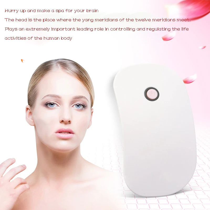 A white handheld beauty device with a circular control button, shown next to a portrait of a woman with her head tilted, on a light pink and white background with decorative text and petals.
