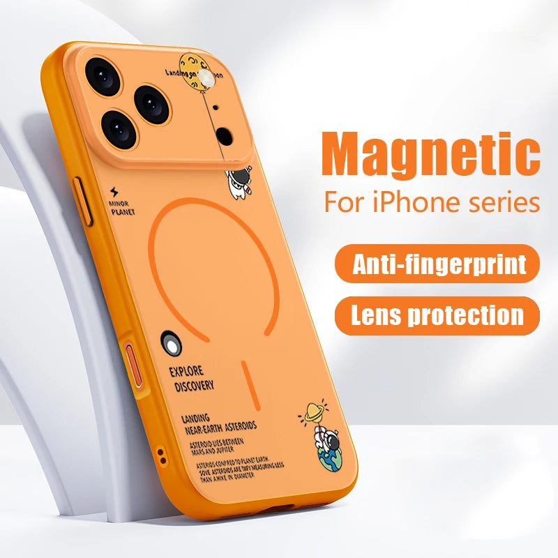 Orange phone case with magnetic features for iPhone series on a white background