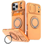 Orange phone case with card holder and ring stand on a white background