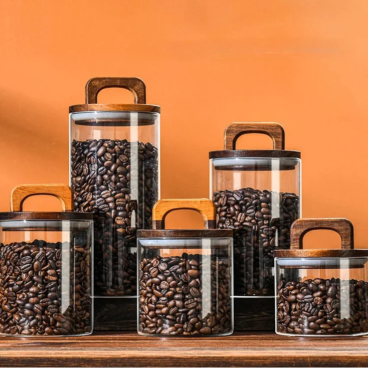Glass Storage Jar with Wooden Lid Airtight Kitchen Food Container