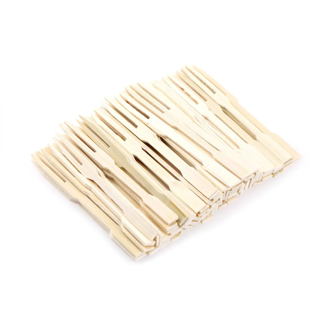 100PCS Bamboo Disposable Fruit Fork Set Wooden Dessert Party Forks