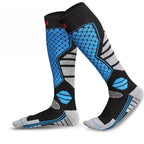 Professional brand long skiing socks in bright blue and black athletic design for men