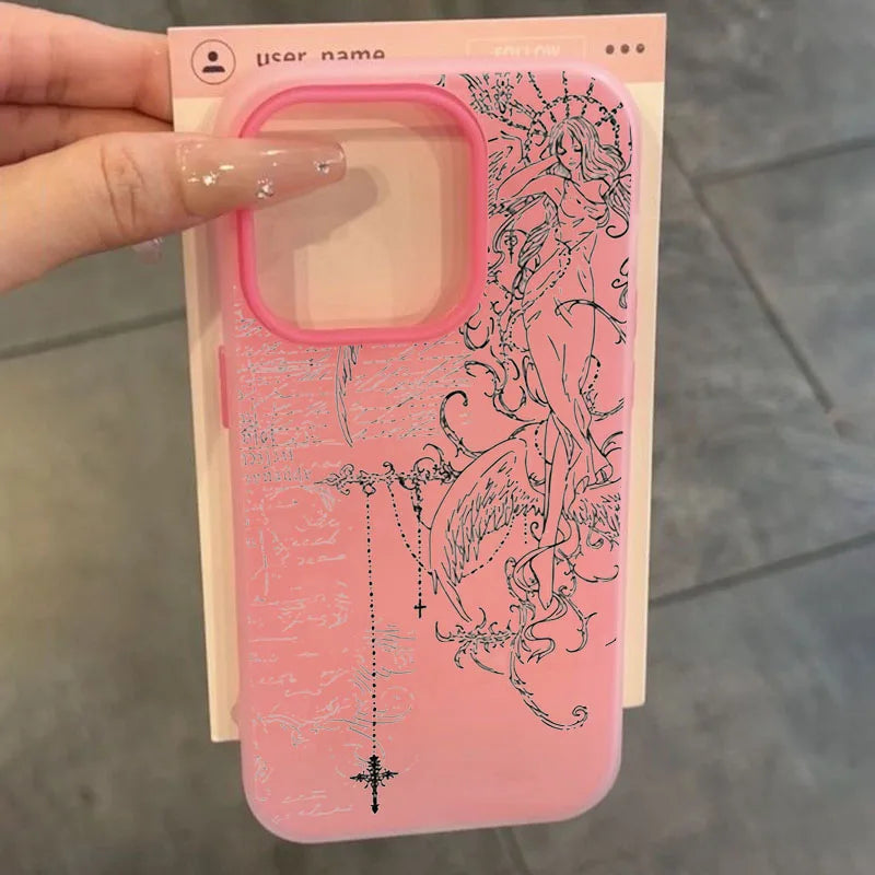 Gothic Angel Cross Line Phone Case for iPhone 11 12 13 14 15 16 17