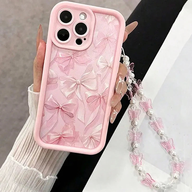 Pink Bow Silicone Case for iPhone 11 12 13 14 15 16 17 Pro Max
